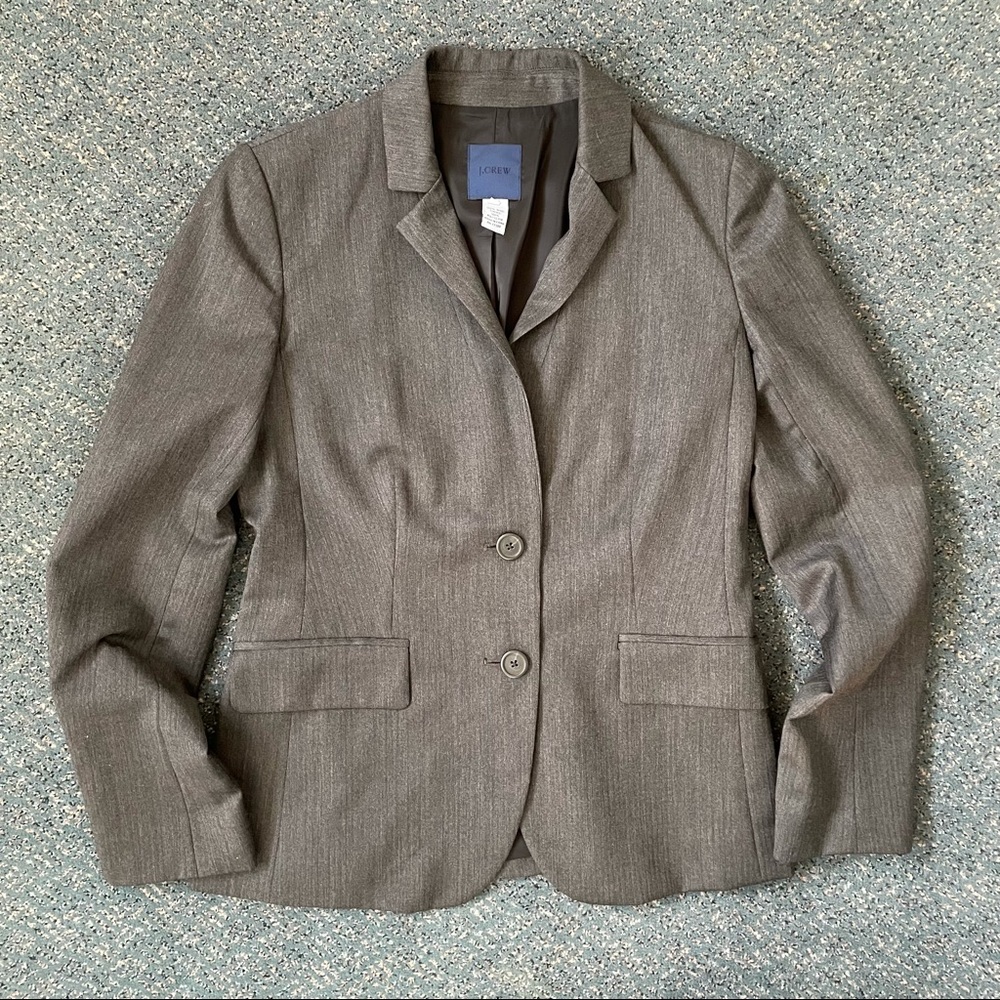 J.Crew Charcoal Grey Wool Blazer Herringbone Two Button Striped Lining 2